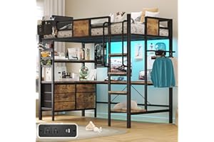 BYSAUD Loft Bed with Desk, Bunk Bed with Desk,Twin Loft Bed with L-Shaped Desk and Storage, loft Bed Twin Size with LED Lights & Charging Station, 5 Drawer&2 Pegboards, Safety Guard Ladder, Brown