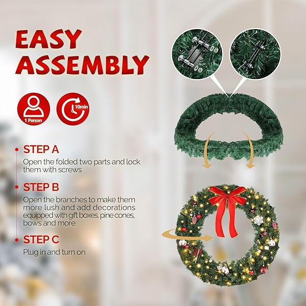 VINGLI PRE-LIT ARTIFICIAL CHRISTMAS WREATH FOR FRONT DOOR, WINDOWS, GREEN CHRISTMAS WREATH DECORATIONS WITH FORESTED BRANCHES, XMAS WREATH W/BOW, PINE CONES, ORNAMENTS, REMOTE CONTROL, TIMER, 36 INCH