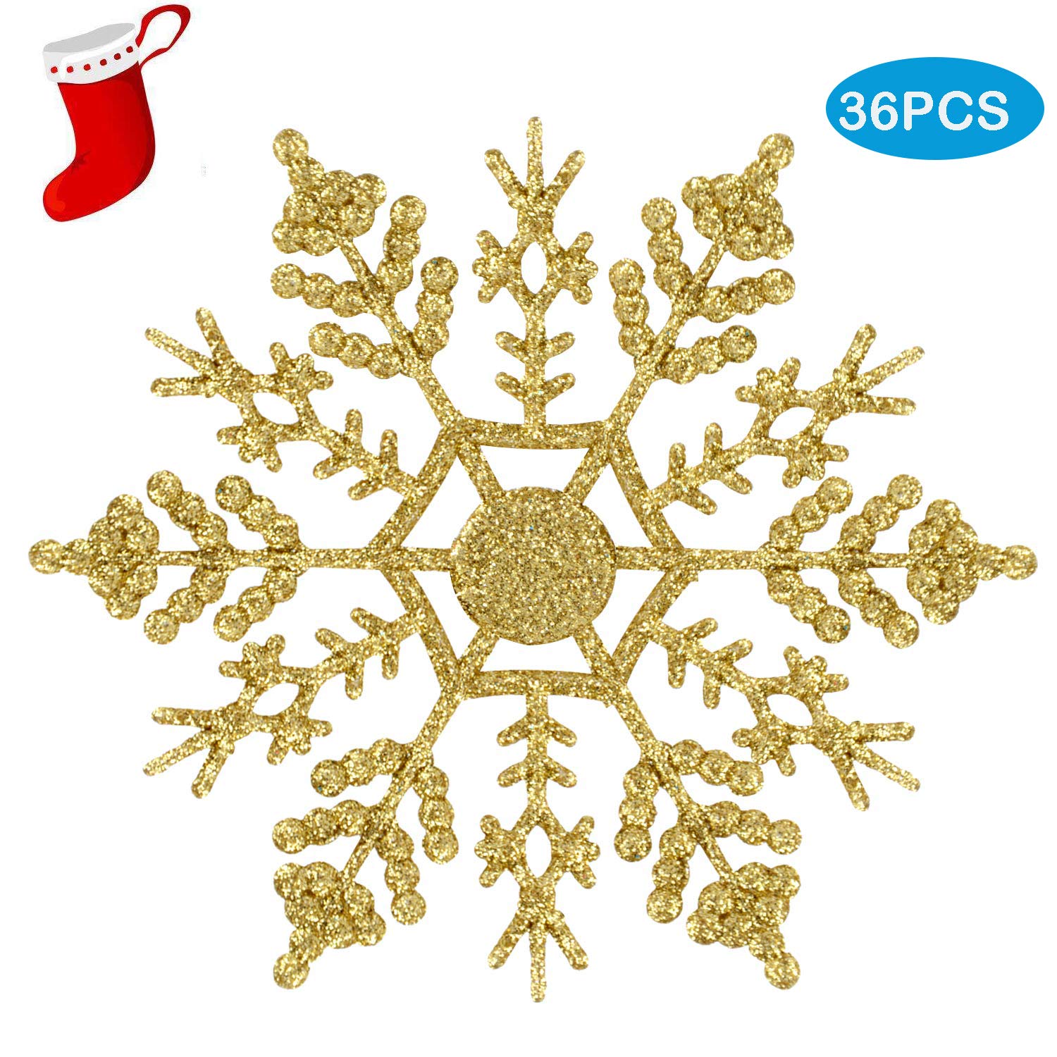 MUITOBOM Plastic Glitter Snowflake Christmas Tree Decoration Snowflakes, 4-Inch, Lime, 36 Pcs (Gold)