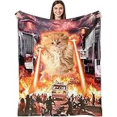 kampdream Funny Cat Flannel Blanket, Catzilla Giant Laser UFO Sci-Fi City Attack Blanket, Super Soft and Warm for Couch Sofa Living Room Unique 50×60 inch