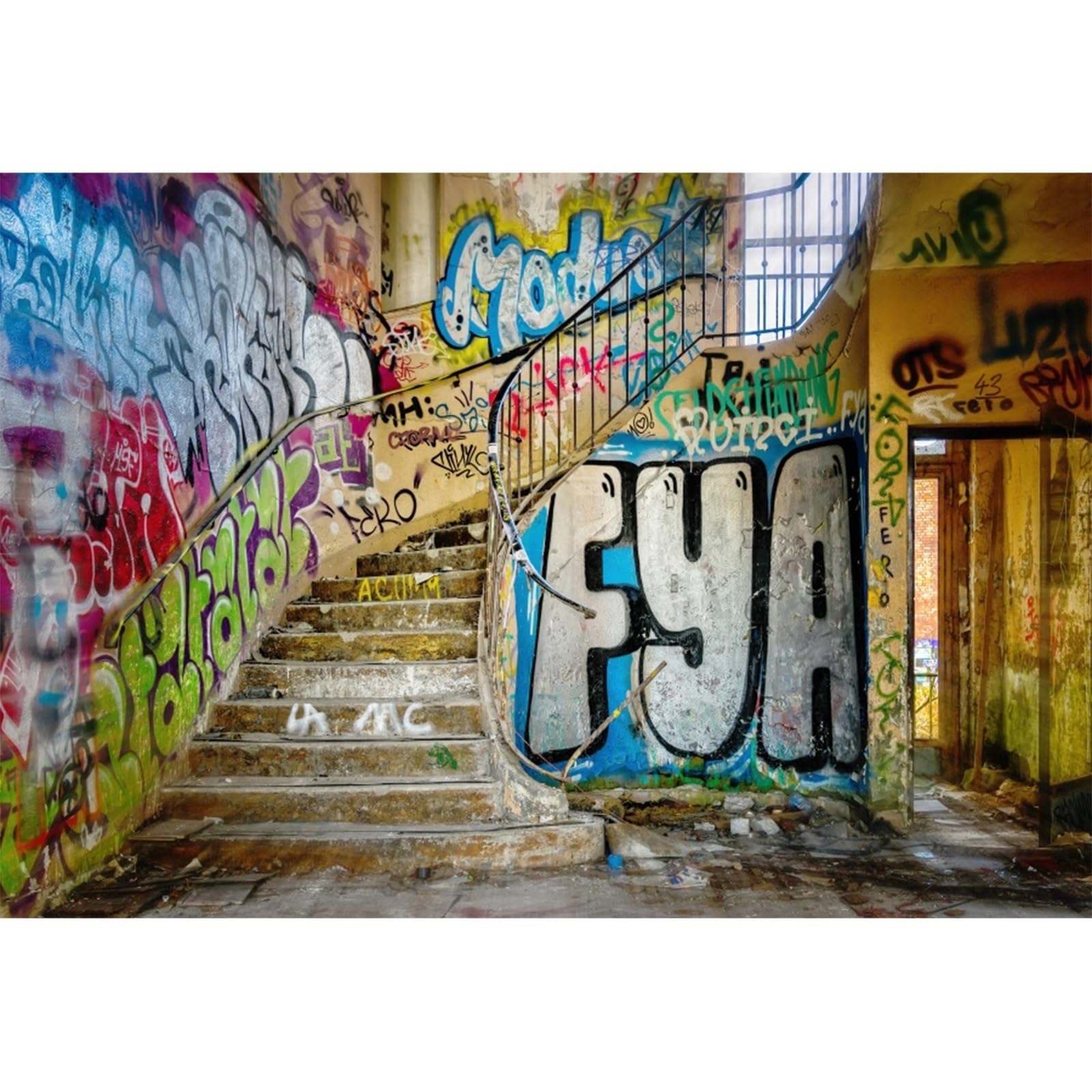 YongFoto 3x2m Vinyl Photo Backdrop Graffiti on City Ruins Wasteland Old Dirty Staircase Photography Background Portrait Photo Shoot Studio Props