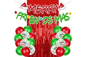 LEVVCIRKI 25 PCS Merry Friendsmas Party Decorations Merry Christmas Banner Xmas Tree Santa Good Friends Theme Ugly Christmas Sweater Celebrations Red Foil Curtains Backdrop Balloons Party Supplies