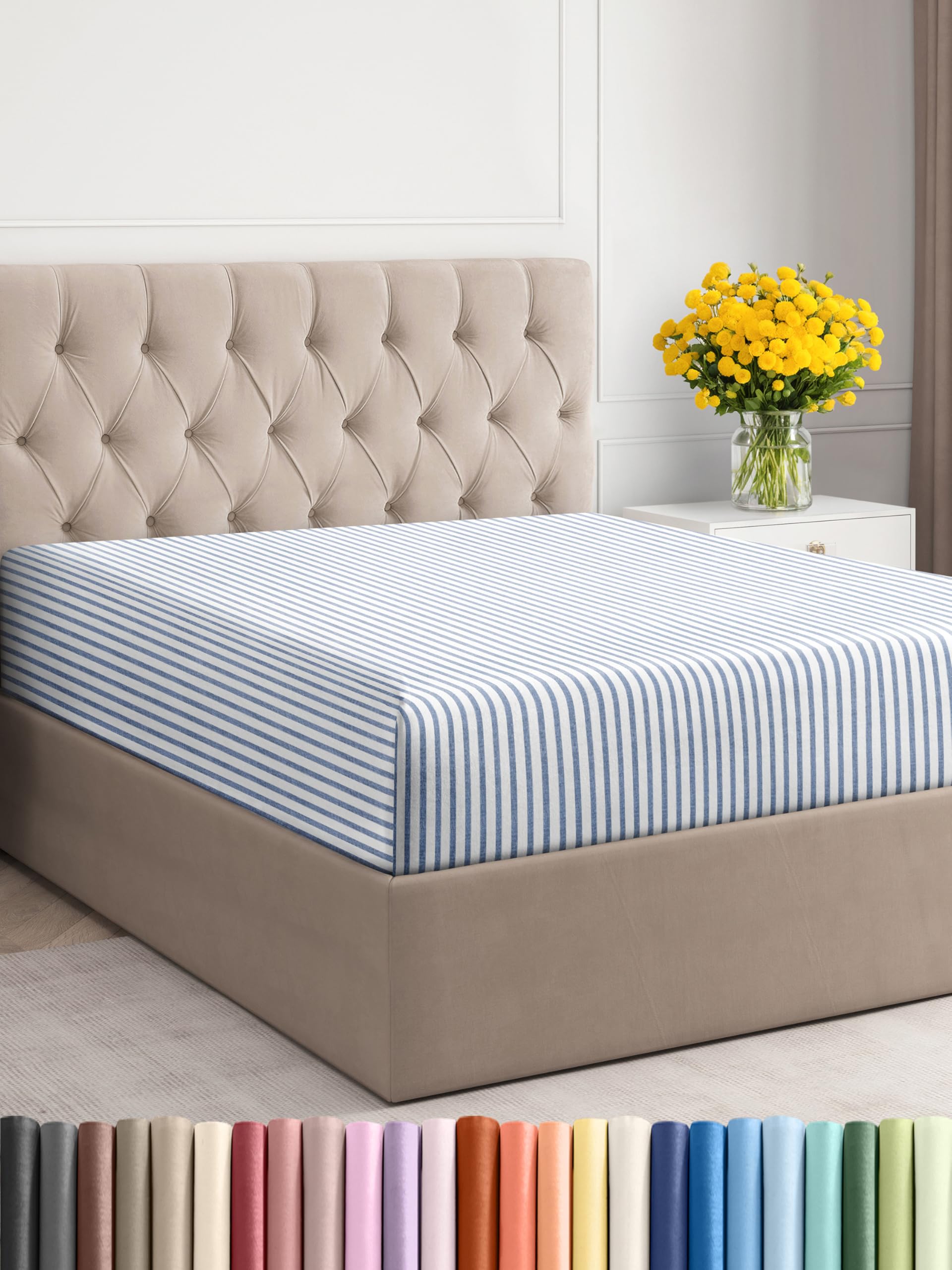 Photo 1 of Full Fitted Bed Sheet - Bottom Single Fitted Sheet Only - Ultra-Soft Hotel Luxury Bedding w/ 8-16 Inch Deep Pockets - Breathable & Wrinkle Free - Easy-Care, Fade & Shrink Resistant - Blue Stripes 2