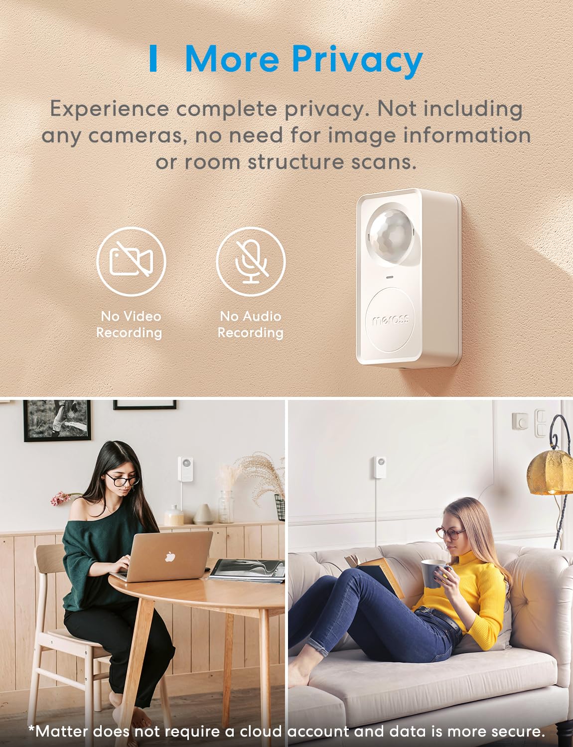 meross Matter Human Presence Sensor, 3-in-1 PIR & Light & mmWave Radar Motion Sensor, AI Motion Detector for Matter Smart Home Automation, Supports HomeKit, Alexa, Google, Home Assistant, 2.4GHz Wi-Fi