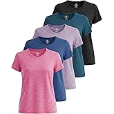 Real Essentials 5 Pack: Women's Short Sleeve T-Shirts Workout Tops Fitness Pilates Gym Activewear Athletic (Plus Available)