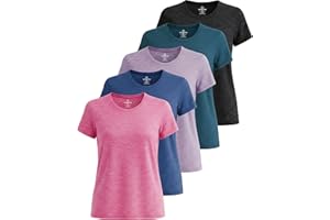 Real Essentials 5 Pack: Women's Short Sleeve T-Shirts Workout Tops Fitness Pilates Gym Activewear Athletic (Plus Available)