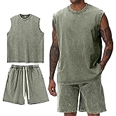 Arssm Mens 2 Piece Outfits Acid Wash Sleeveless Shirts and Shorts Summer Cotton Gym Tracksuits