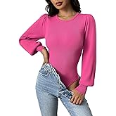 Zeagoo Women 2026 Long Puff Sleeve Sweater Fall Slim Fit Pullover Tops Crewneck Ribbed Knit Bodysuit Jumpsuit