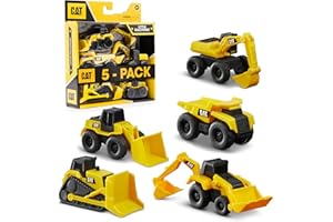 CAT Construction Toys, Little Machines 5-Pack - Mini Push-Powered 3” Yellow Construction Vehicle Toys with Articulated Parts,