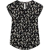 TASAMO Women's Casual Round Neck Basic Pleated Top Cap Sleeve Curved Keyhole Back Chiffon Blouse