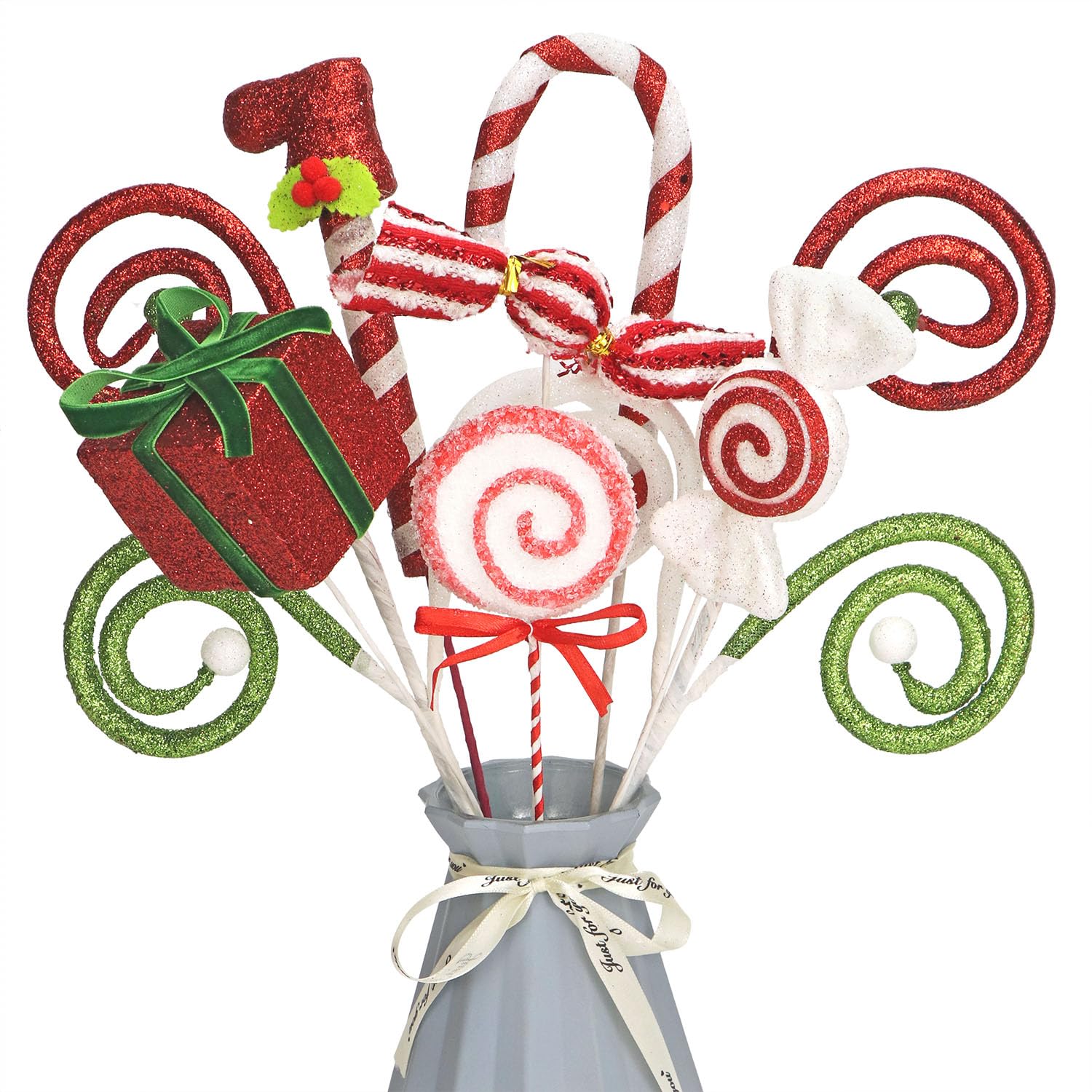 8 Pcs Mixed Christmas Candy Picks - Glitter Candy Cane Decorations, Tree Picks, Gift Box, Elf Leg, Lollipop for Xmas Tree, Wreath, Vase Filler, Crafts, Holiday Party Home