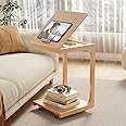 KASLANDI C Shaped Table for Couch, C Table with Wheels,Wooden Couch Table Adjustable Desktop for Living Room,Bedroom - Natural Color