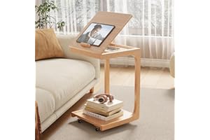 KASLANDI C Shaped Table for Couch, C Table with Wheels,Wooden Couch Table Adjustable Desktop for Living Room,Bedroom - Natural Color