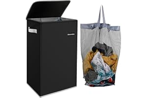 Airensky Laundry Hamper Collapsible Laundry Basket with Lid，100L Clothes Hamper with Bag Removable for Clothes and Toys Storage, Dirty Hampers for Bedroom, Bathroom, Dorm，Black
