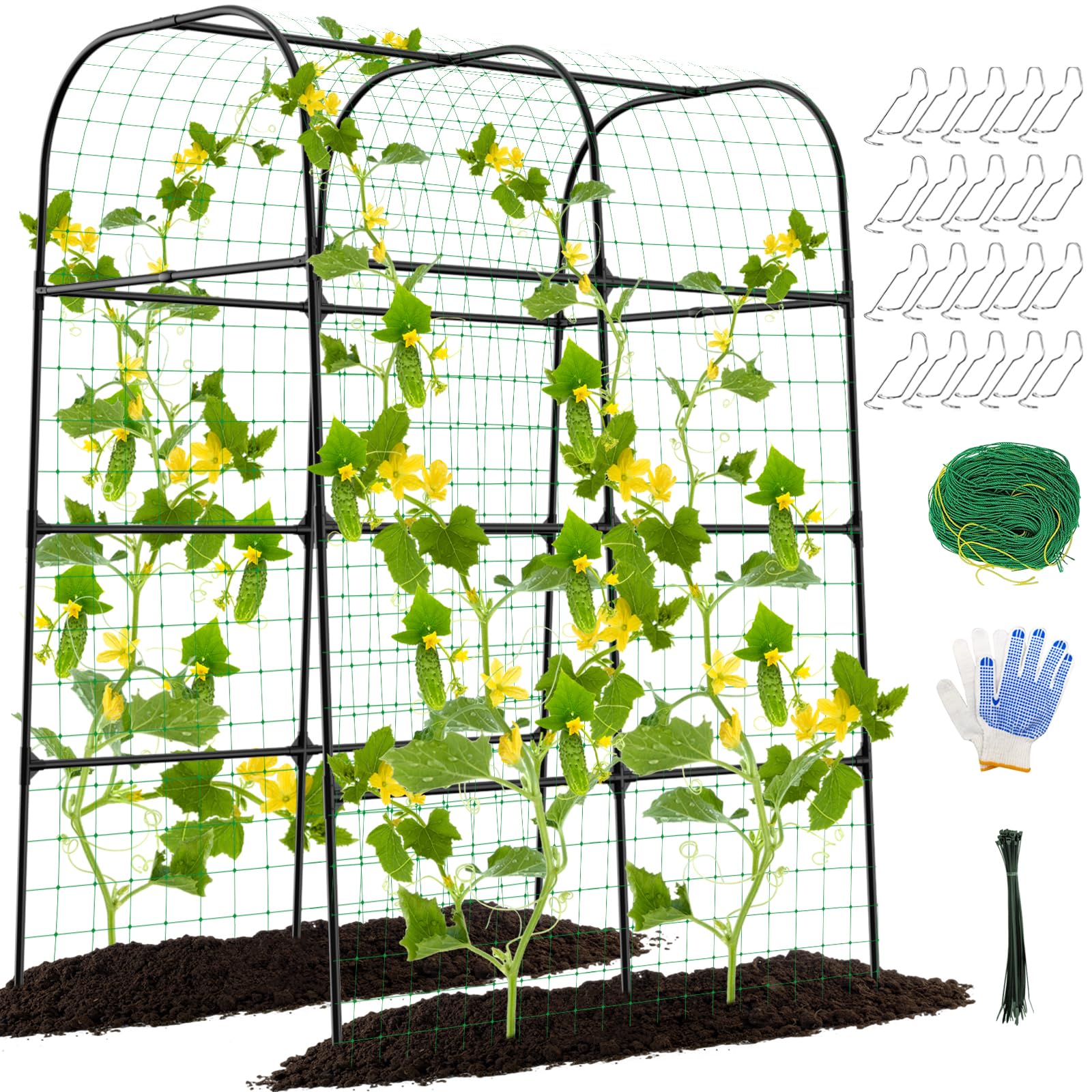 Photo 1 of 7ft Cucumber Trellis for Raised Bed, Garden Arch Trellis for Climbing Plants Outdoor Indoor, Metal Trellis Support with Net for Vegetables Tomato Zucchini Squash Beans Peas Melons, Rose Flowers,Vines
