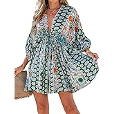 CUPSHE Women Casual Boho Sundress Summer Floral Print Tie Front Dress 3/4 Sleeves Paisley Beach Mini Dresses