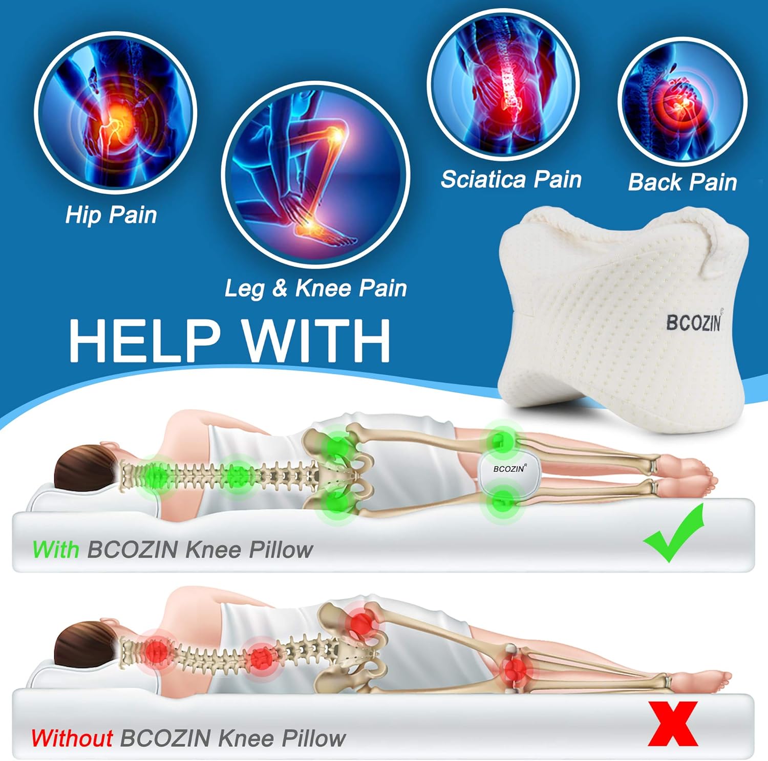 BCOZIN Knee Pillow for Side Sleepers, 100% Pure Memory Foam Knee Pillow Between Legs for Sleeping&Orthopedic Leg Pillow for Sciatica Pain Relief Hip, Back Pain and Pregnancy, 1 Pcs, White: Kitchen & Dining
