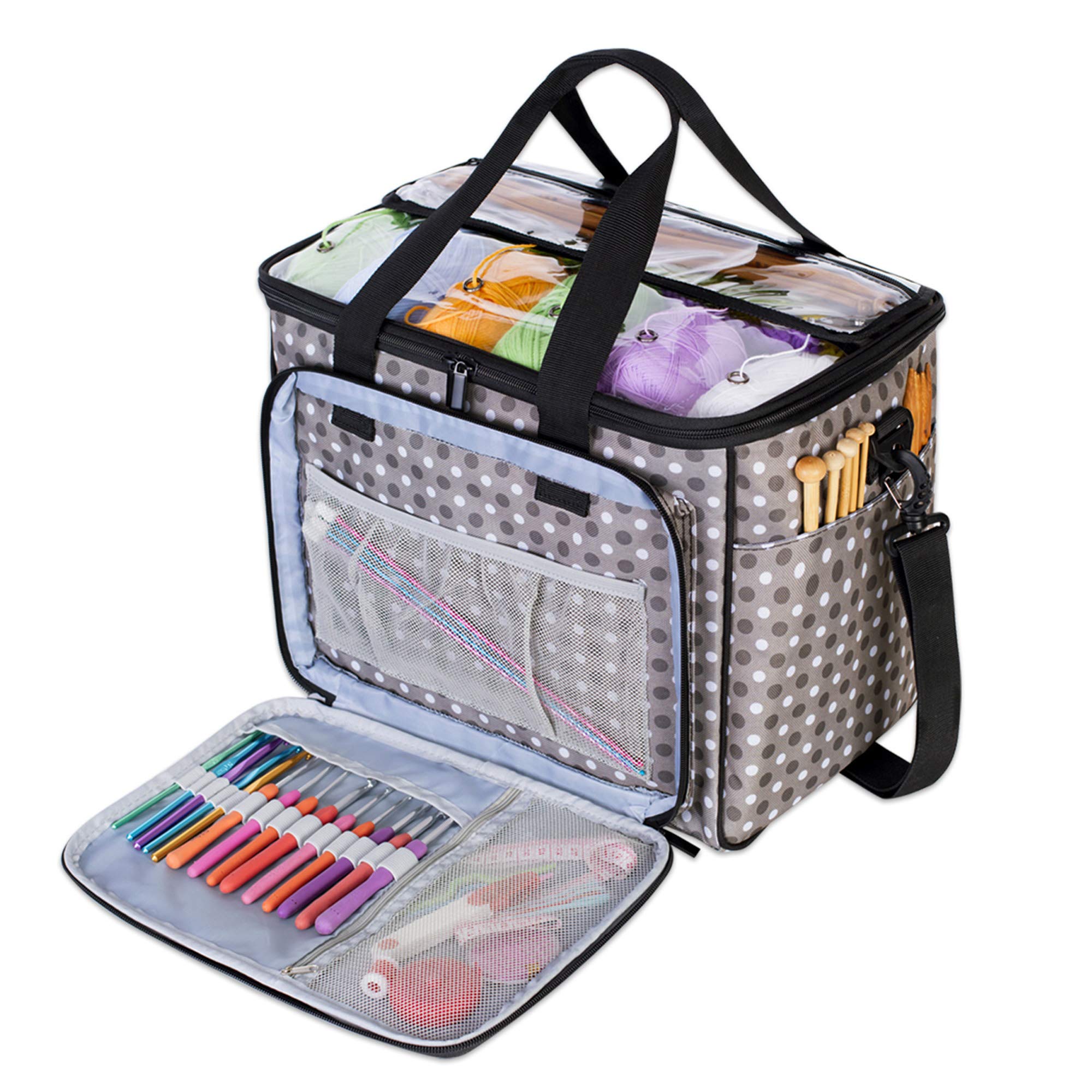 Teamoy Wool Storage Case Suitable for Carrying Knitting/Crochet Wool and Pockets for Accessories (Not Supplied), Nylon, Grey Dot
