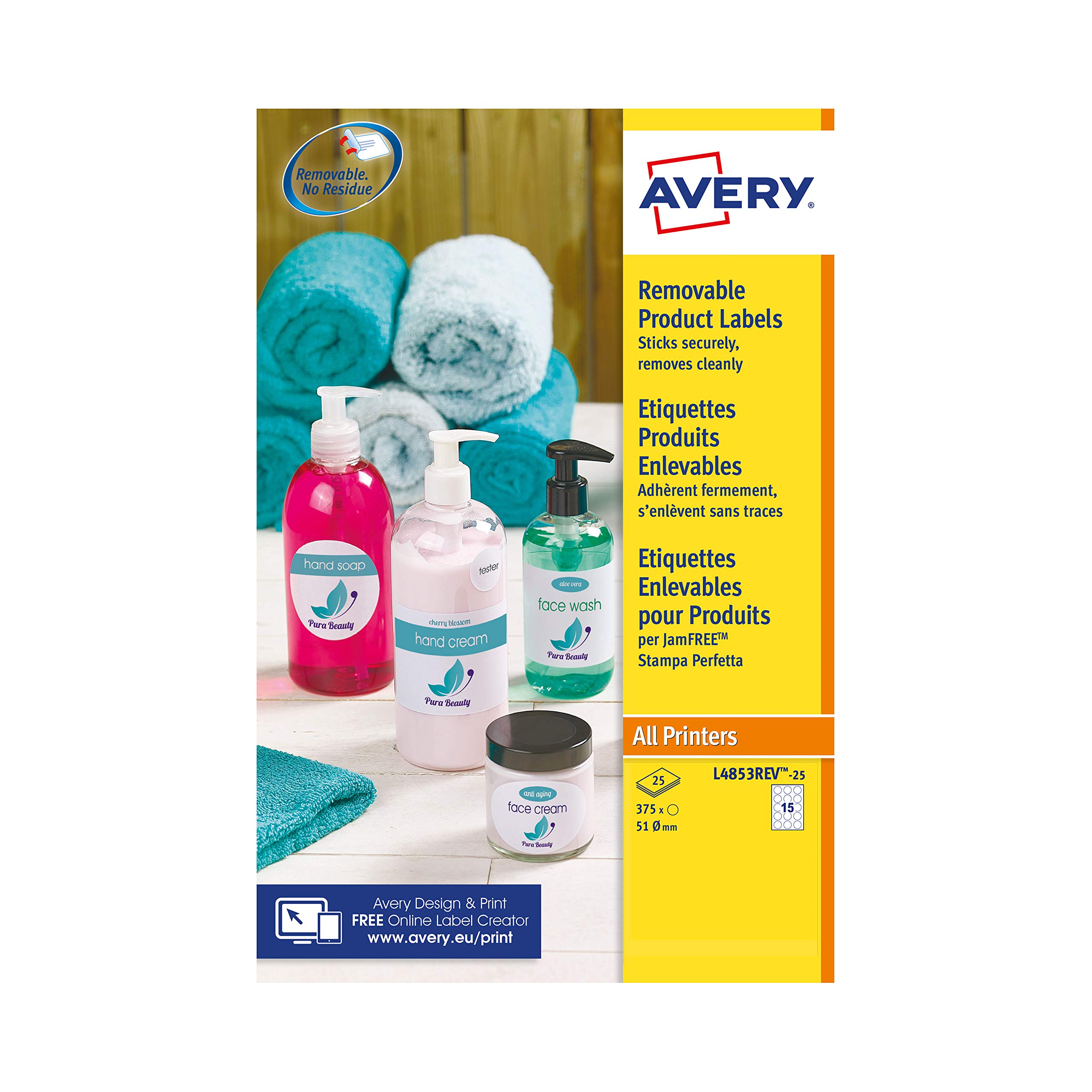 Avery Removable, Printable, Multi Purpose Circle Labels, Multi Surface, Ø 51 mm, White, 15 Labels per Sheet, 375 Blank Labels per Pack (L4853REV-25)