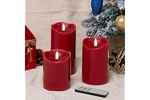 Eywamage Red Flameless LED Pillar Candles with Remote, Real Wax Flickering Christmas Candles Battery Operated Set of 3