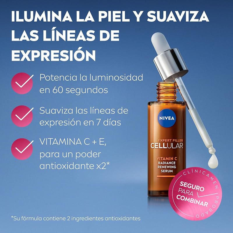 Nivea Expert Filler Cellular Brightening Facial Serum Vitamin C (1 x 30 ml), Vitamin C e Vitamin E sérum, sérum facial antioxidante que aumenta o brilho