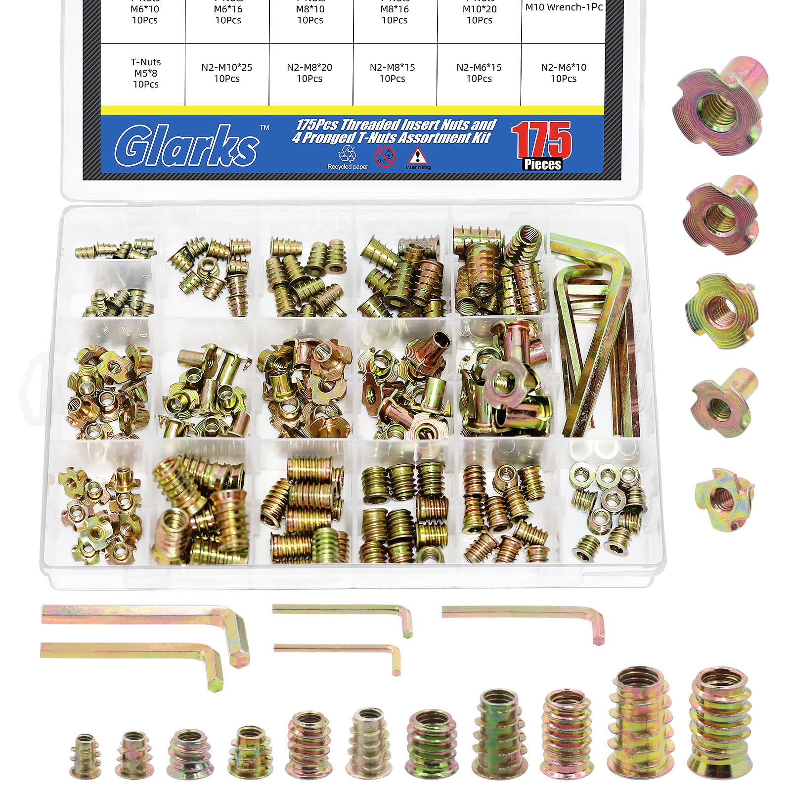 Glarks 175Pcs M4-M10 Threaded Insert Nuts Kit: 7 Sizes Hex Socket Screws, 6 Sizes T-Nuts, 4 Pronged Tee Blind Nuts, Hex Wrenches for Wood, Cabinet, Furniture