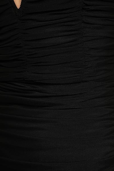 LILYCOCO WOMEN’S V NECK SPAGHETTI STRAP DRESSES RUCHED MESH BODYCON MINI DRESS BLACK SMALL