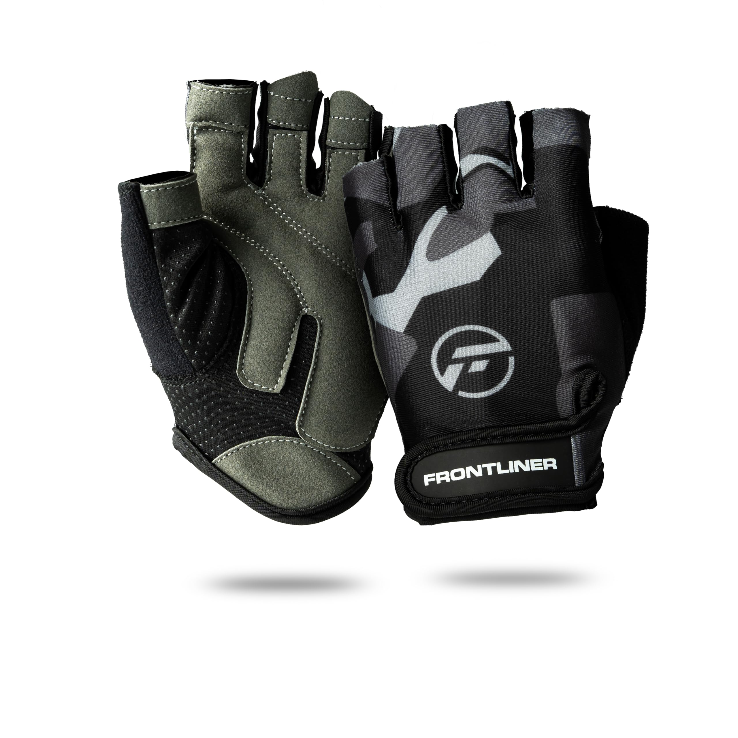 FRONTLINER Weight Lifting Gloves – Anti-Slip Padded Palm, Half-Finger Gym Gloves for Men & Women, Stretchable Fitness Gloves for Strength Training, Calisthenics, Cycling, and Workouts (Grey Camo, XL)