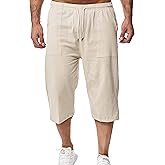 Wanzetaly Mens Casual Soft Linen Long Shorts Knee Length Sport Running Lounge Work Shorts Capri Pant