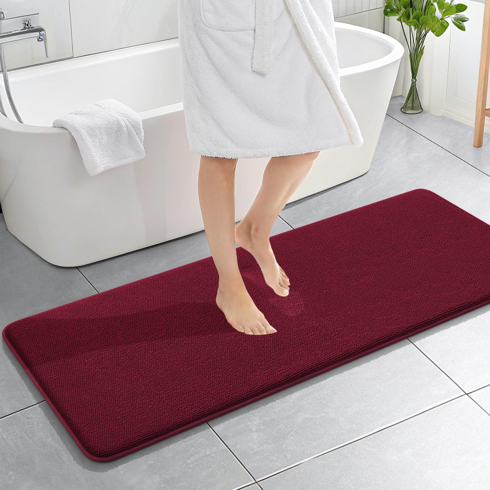 OLANLY Thick Memory Foam Bath Mat Rug 59x20, Extra Soft Absorbent Bathroom Rug, Quick Dry Bath Mats, Non-Slip, Machine Washable Carpet for Bathroom, Tub and Shower, Home Decor Accessories, Burgundy Image