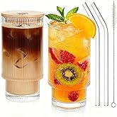 Salpae 2 Pack Glass Cups with Lids and Straws, 16oz Ribbed Drinking Glasses Tumblers Durable Drinkware Water Glasses Cup Ideal Gift for Home, Kitchen, Office