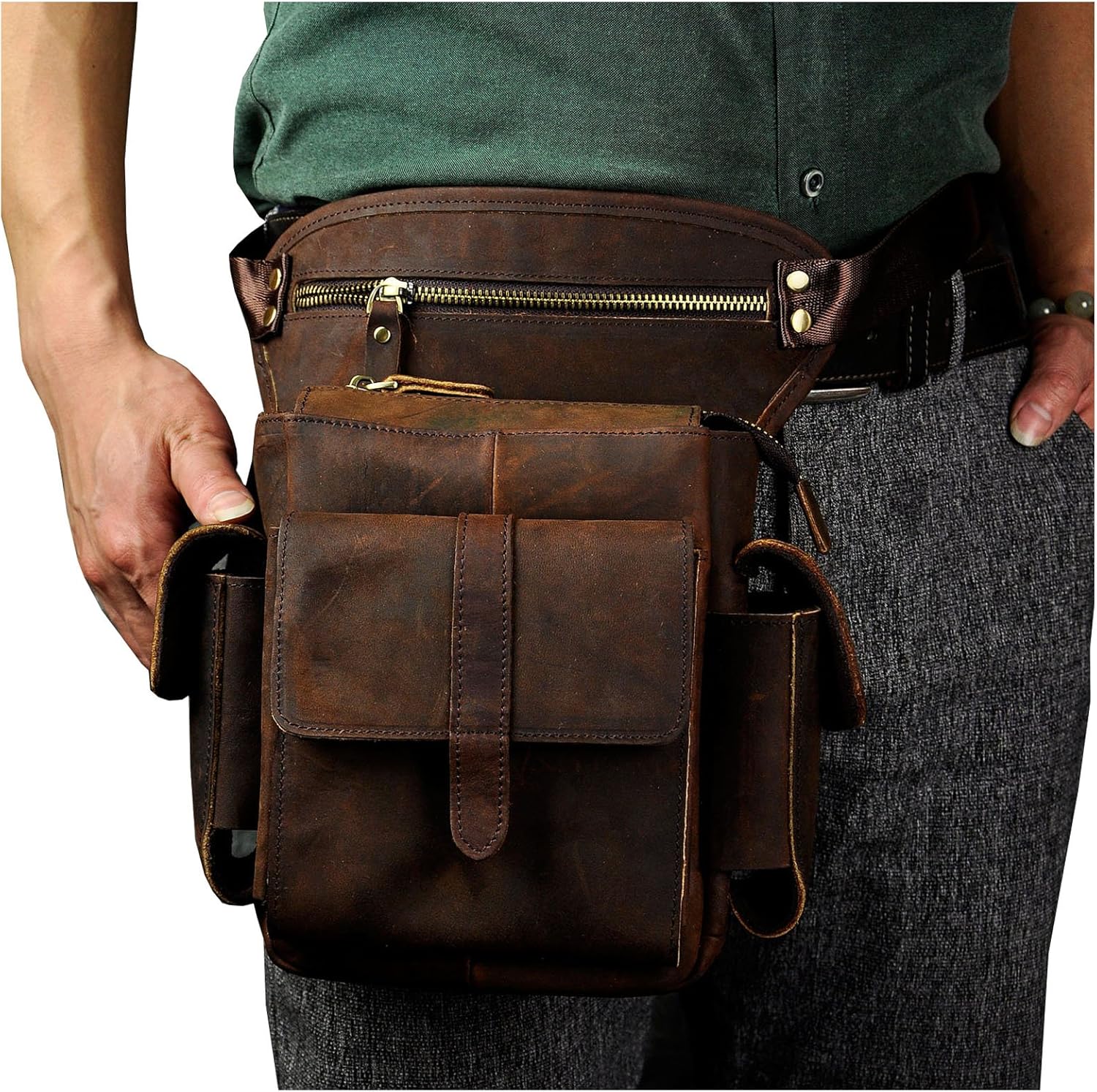 Le'aokuu Mens Genuine Leather Messenger Motorcycle Hip Bum Waist Pack Drop Leg Cross Over Thigh Bag 913-5 (0 913-5 Brown) - Image 3