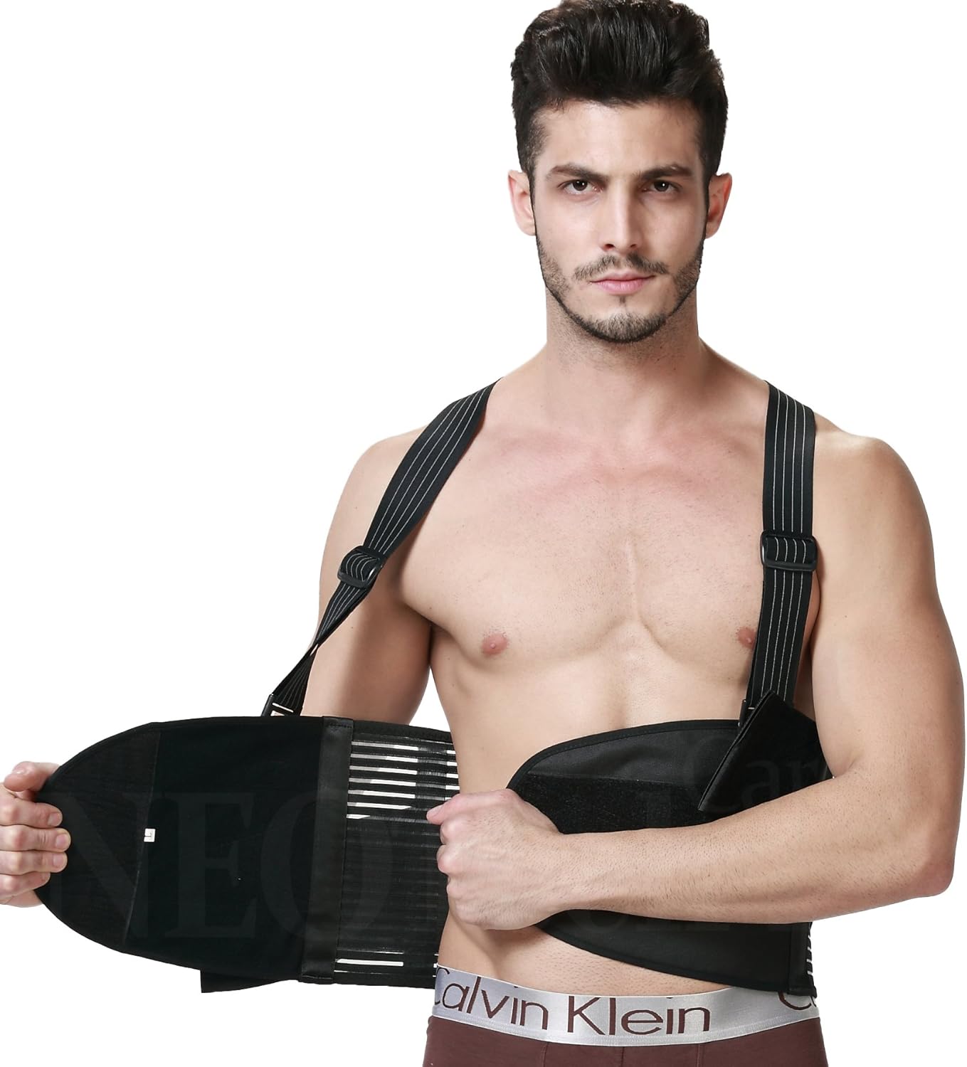 NeoTech Care Adjustable Back Brace Lumbar Support Belt with Suspenders, Black, Size L: Health & Personal Care