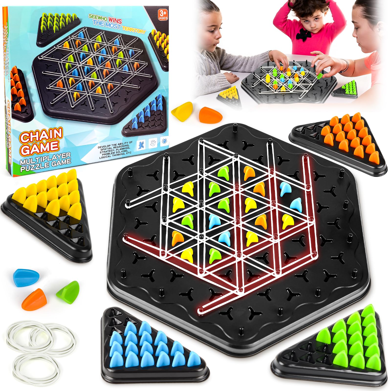 Chain Triangle Game, Chain Chess Desktop Rubber Band Game, Interactive Peg Board Game, Educational Brain Teaser Strategy Thinking Puzzle Toy, Portable Chess Party Supplies for Family Gathering Travel