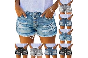 Women's Ripped Denim Jean Shorts Mid Rise 2026 Summer Casual Stretchy Vintage Frayed Hem Button Short Pants