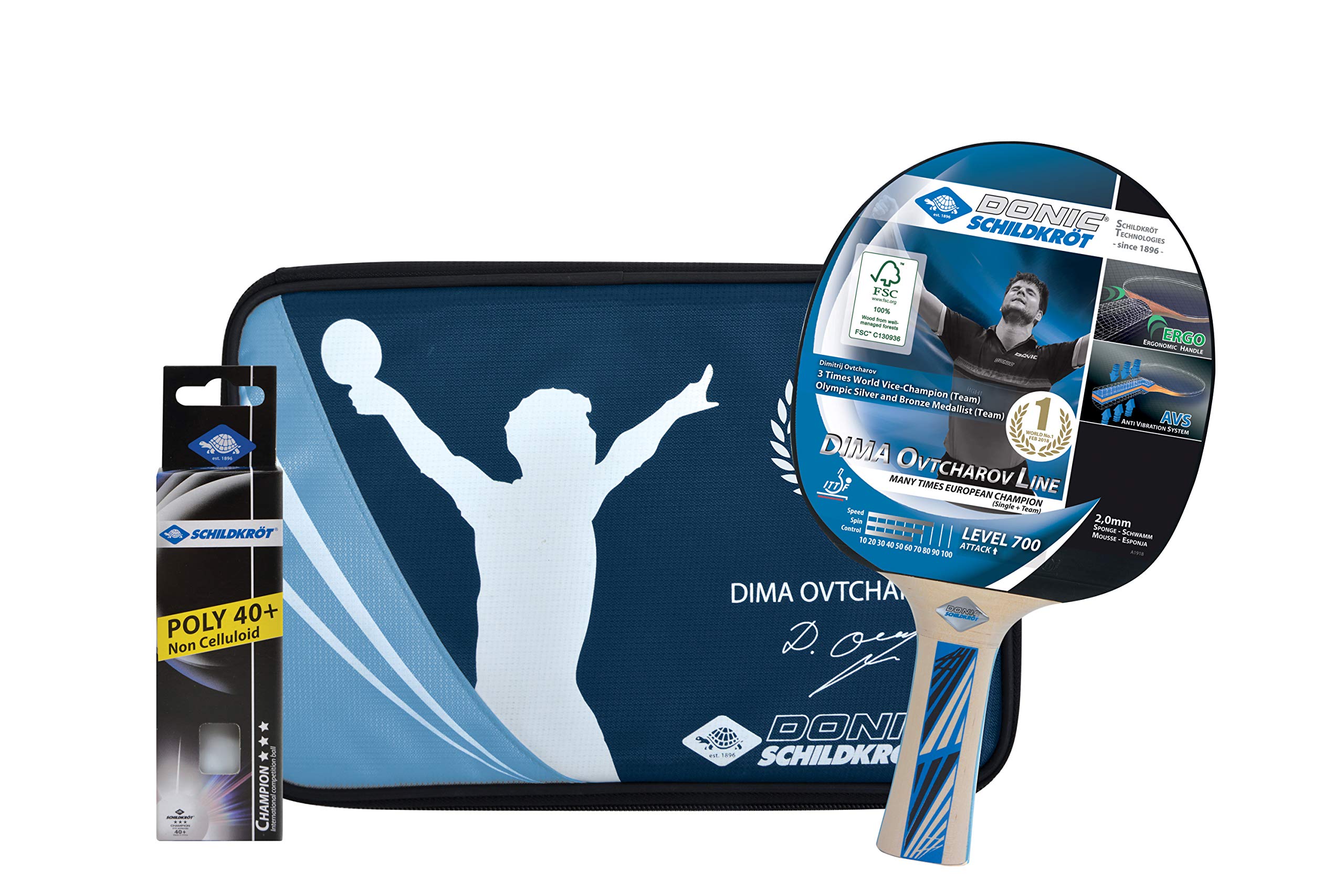 Donic-Schildkröt Ovtcharov 700 Premium Table Tennis Set, 1 Bat, 3 Balls 3-Star Quality - ITTF, Valuable Cover Black/Red/Brown/Blue