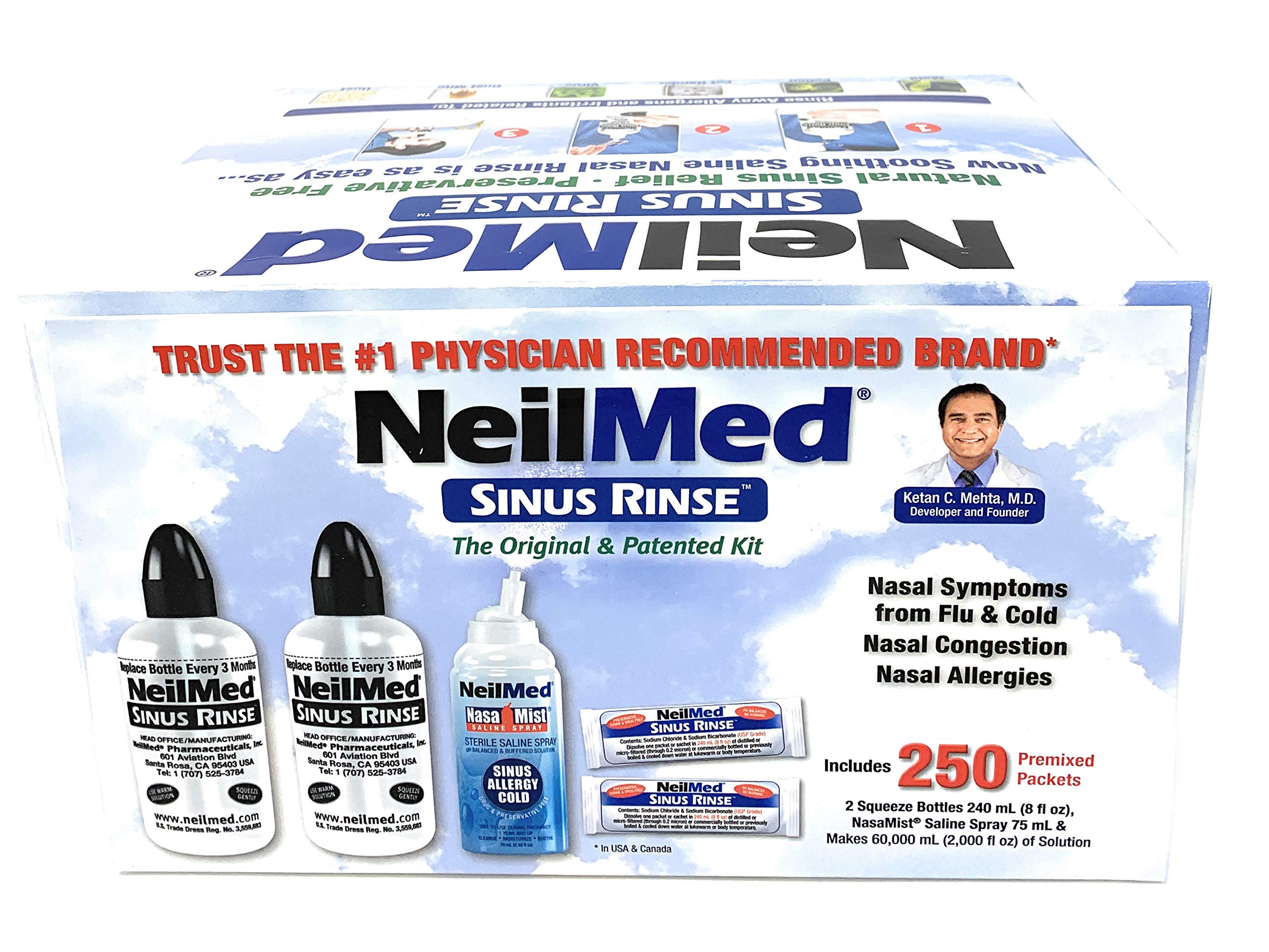 NeilMed Sinus Rinse - 2 squeeze Bottles 240mL (8fl oz) & Nasamist Saline Spray 75mL - 250 Premixed Packets - BONUS Nasa Mist Saline Spray - Value Pack