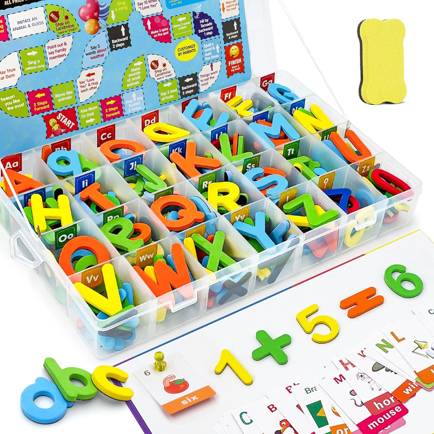 WenYa Colourful Magnetic Letters and Numbers with Board for Children, 240PCS Uppercase Lowercase Foam Magnetic Alphabet Letters and Numbers with Board and Early Learning Cards
