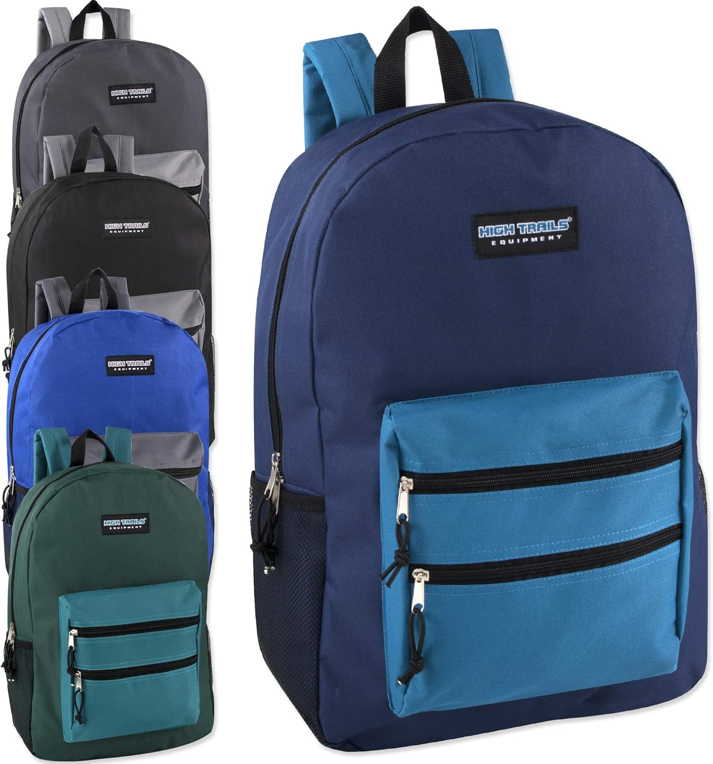 Wholesale High Trails 19 Inch Double Zip Backpacks With Two Side Mesh Pockets in Bulk Case of 24