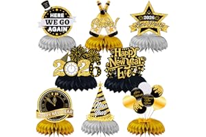 JULMELON Happy New Year Decorations 2026, 8 PCS New Years Honeycomb Centerpieces Table Decorations Black and Gold Table Toppers Decor for New Year Eve Party Supplies Favors