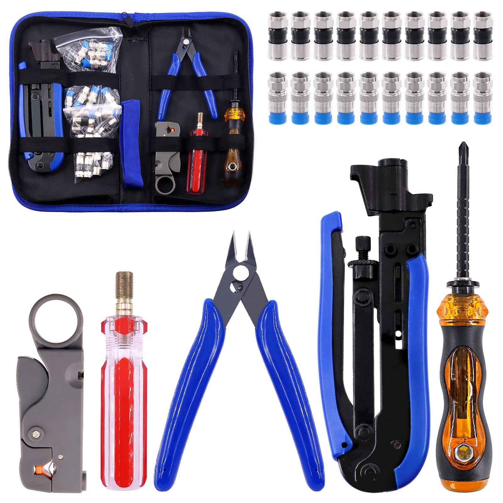 Tanstic 25Pcs Coax Cable Crimper Tool Kit, Including Crimping Pliers and Coax Wire Stripper, Wire Cutter F Compression Connectors and Screwdriver, Coaxial Compression Tool for Cable TV Video Audio