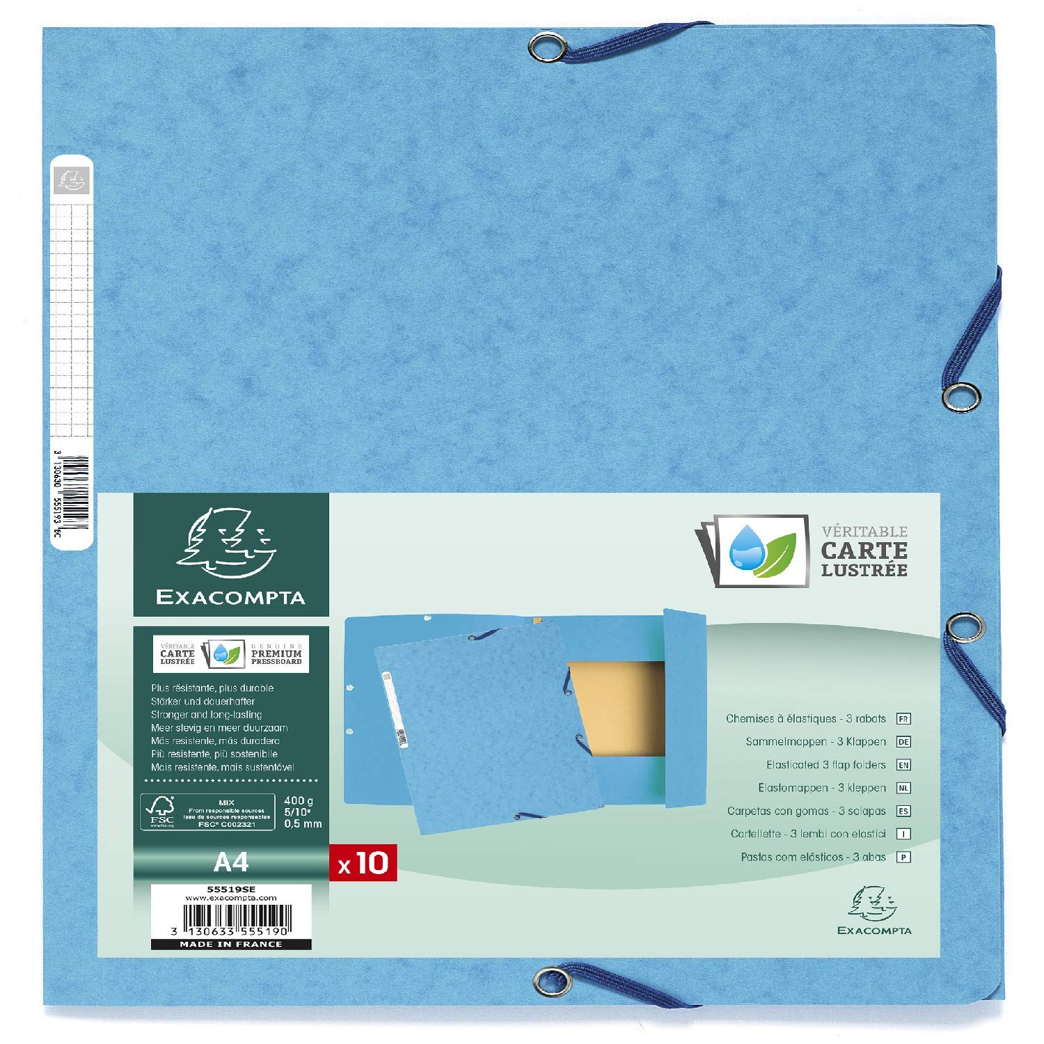 Exacompta - Ref 55519SE - Elasticated 3-Flap Folders - Suitable for Holding A4 Documents, 400gsm Glossy Card, Spine Label for Identification - Turquoise (Pack of 10) — image 1