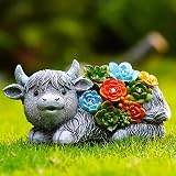 Goodeco Solar Highland Cow Garden Statue with Succulents Grey Resin view 9