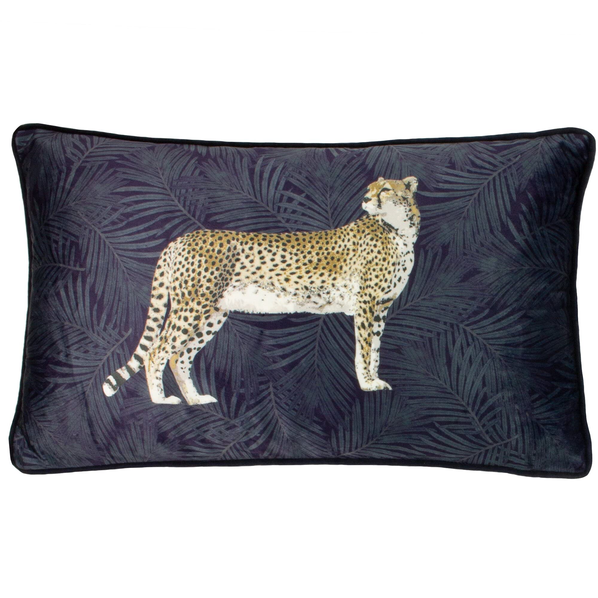 Paoletti Cheetah Forest Velvet Cushion Cover – Realistic Animal Botanical Soft Durable Decorative Cushion (Navy – 50 x 30cm)