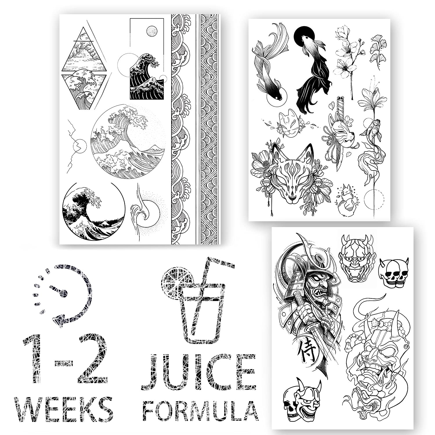 AWAKEN Tattos Semi-permanent Stickers Temporary Juice Tattoo Pack 3 sheets Design Japanese Style Japan Vegetable based (SET 2)