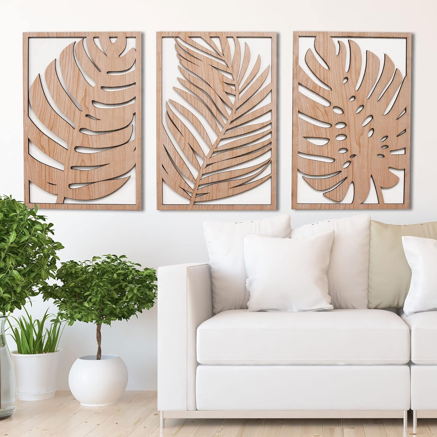 Mixed Media - Leaves Wood Wall Art Panels Set of 3 Tropical Monstera Leaf Wall Decor, Boho, Modern Farmhouse