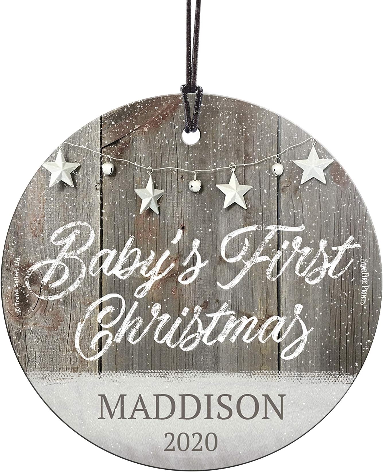 Baby’s First Christmas 2024 Hanging Glass Print – Baby Personalized - Rustic Snow and Stars – Suncatcher Hanging Print Christmas Tree Date Display 3.5" Circle | Packaged in Complimentary Gift Bag