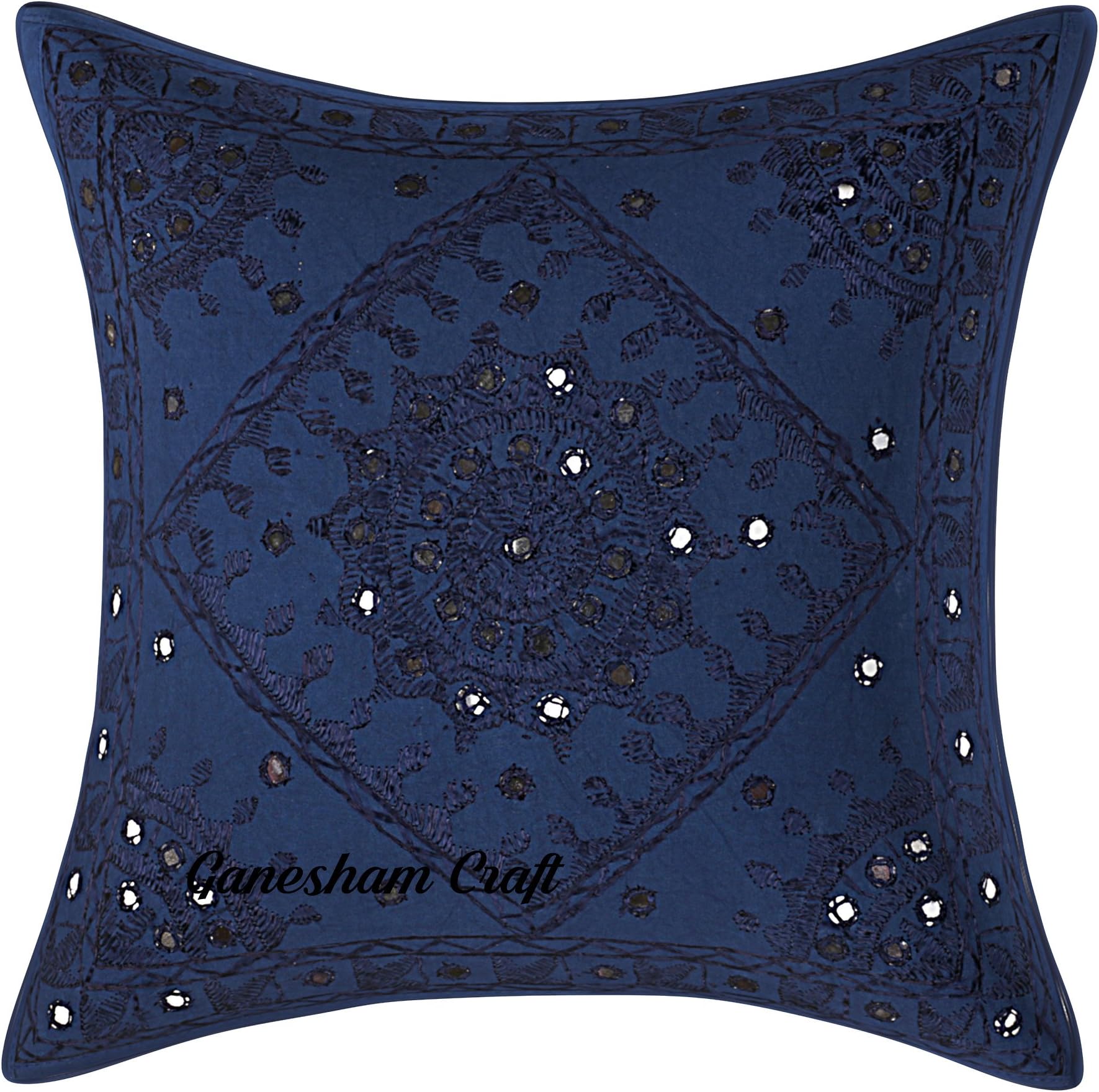 Ganesham Craft Decorative Handmade Cotton Embroidered Ethnic Cushion Cover 16 x 16 Inch for Home Décor (Dark Blue)