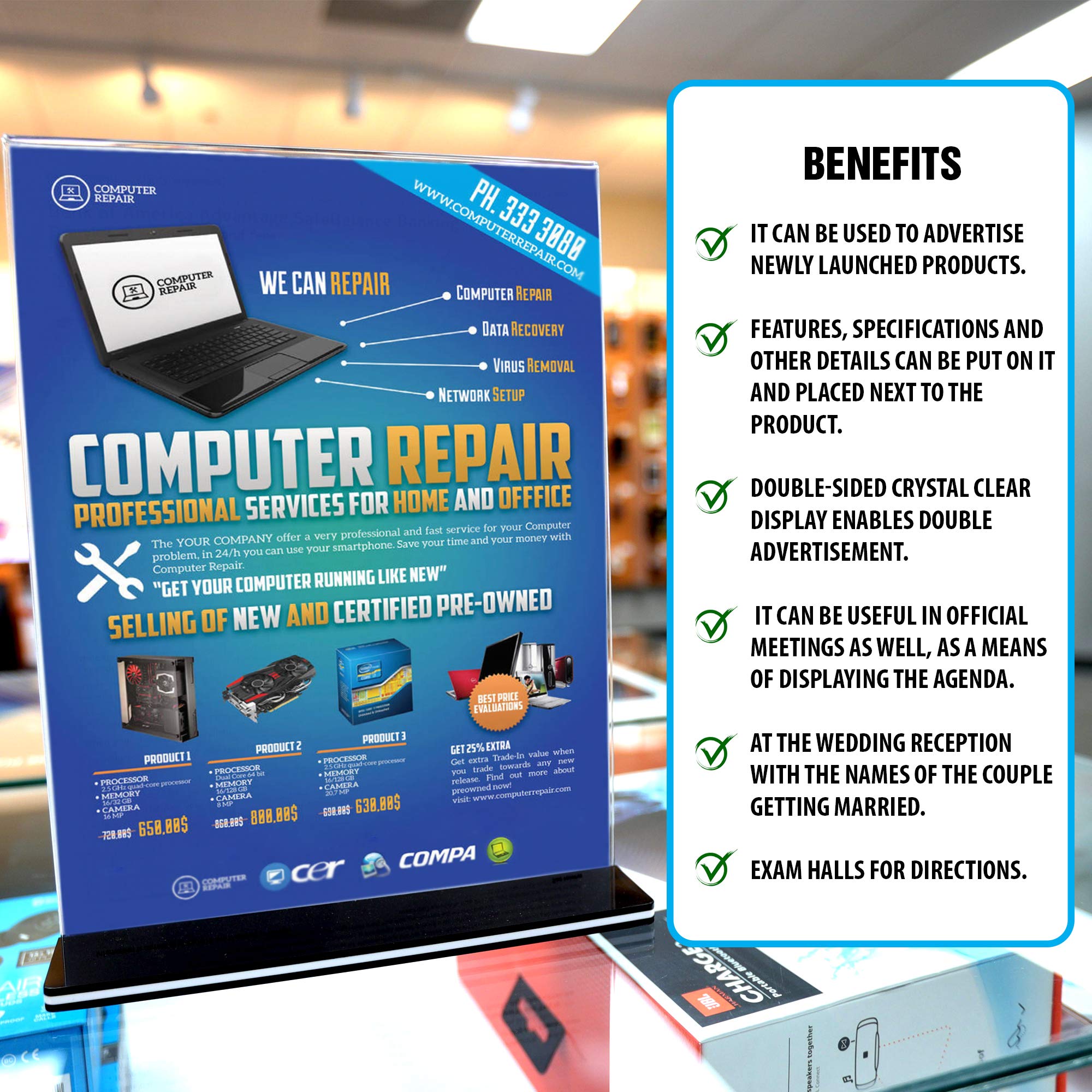 Goodyz-N-Goodz LLC Acrylic Sign Holder with Stand - Self-Standing Double-Sided T-Shape Display - Crystal Clear, Easy to Use - Great for Photos, Menus, Posters, Advertising - 8.5x11-Inch Stand - 6-Pack