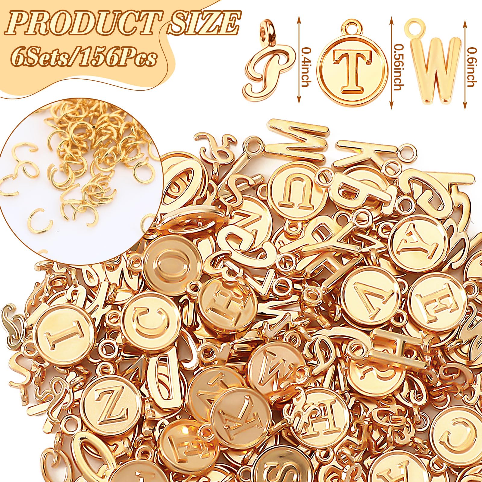 SANNIX Letter Charms, 156Pcs/6 Sets Alphabet ABC Letter Charms 3 Styles Capital A-Z Charms DIY Bracelet Necklace Pendants with 200Pcs Open Jump Rings for Jewelry Making, KC Gold